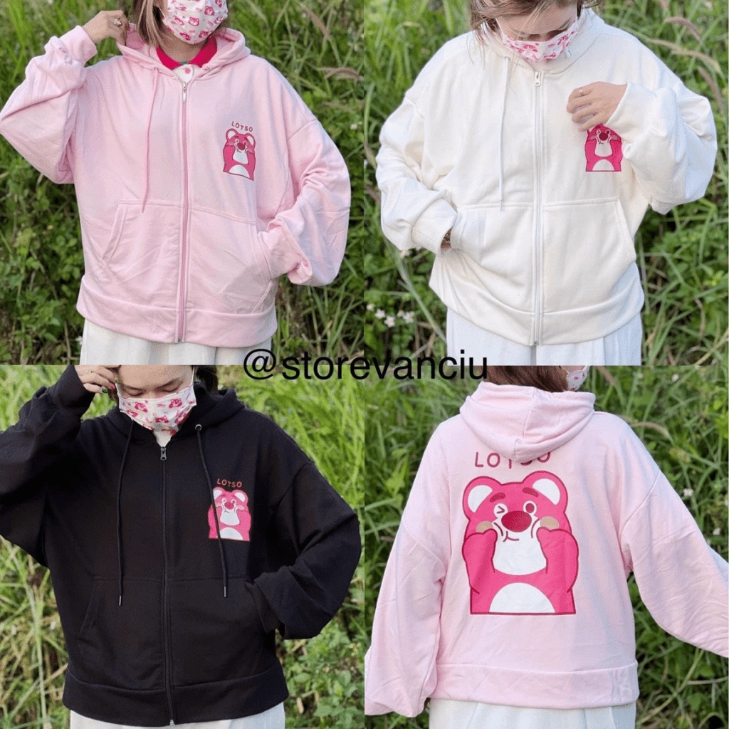 Áo Khoác Nỉ Nữ Dây Khóa Kéo In Gấu Hồng Nón 2 Lớp Tay Phồng Cá Tính NEW UNISEX