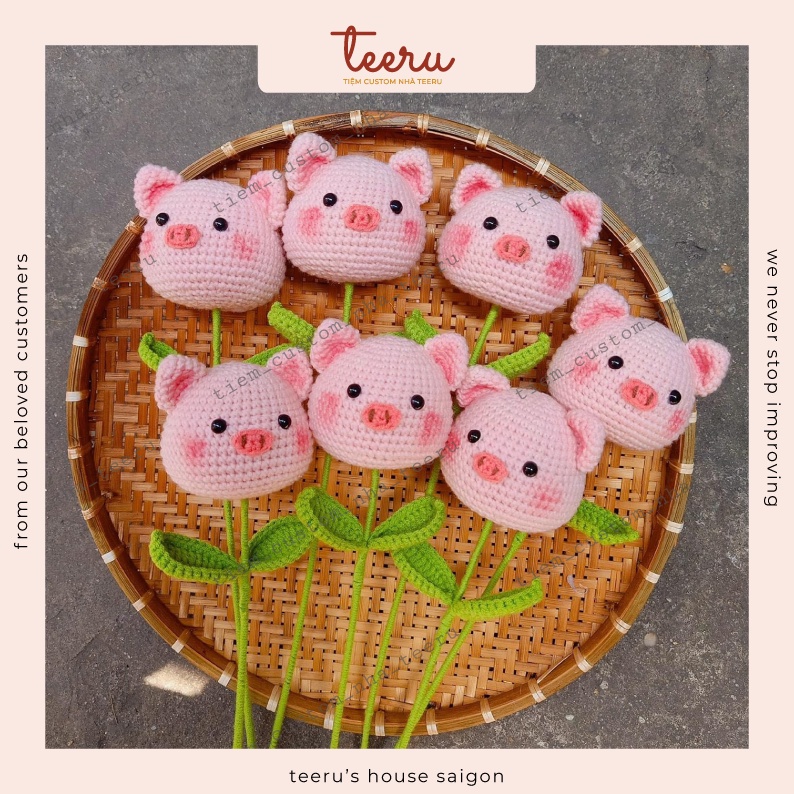 Hoa Len Hình Heo hồng, móc bông hoa heo hồng bằng len handmade - Crochet Teeru's House