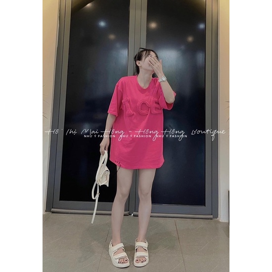 Áo phông màu hồng chữ ICE in nổi hàng QC dáng rộng chuẩn hot girl loại 1 - hàng có sẵn