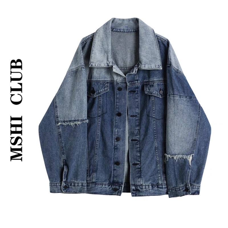 Áo khoác denim phối màu tương phản dáng rộng thời trang xuân thu cho nam nữ