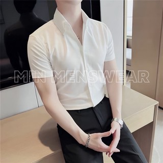Áo sơ mi nam cộc tay min menswear cổ đứng button down, vải lụa mềm, giãn nhẹ
