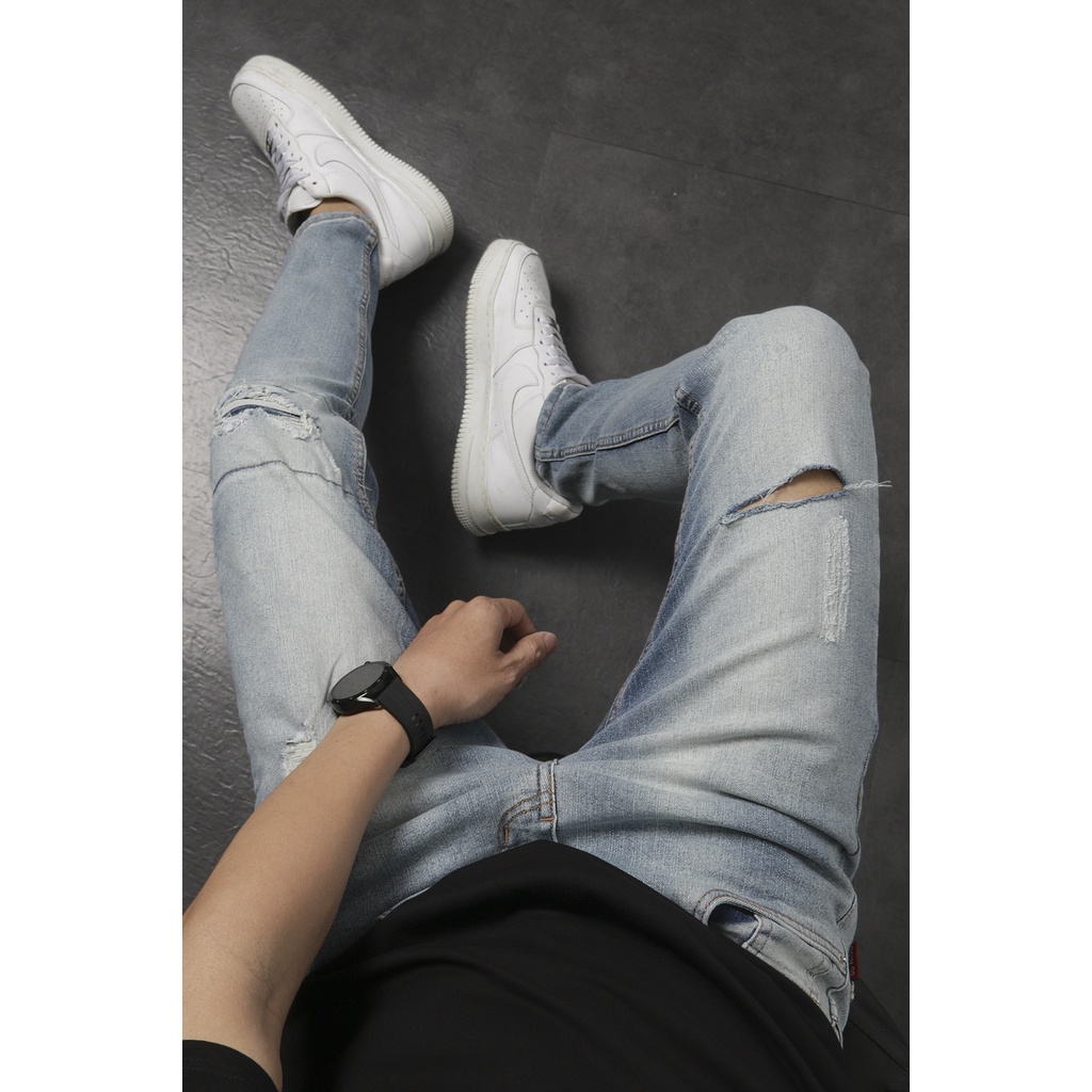 Quần jean nam rách skinny ripknee tape 04 Nigo co giãn ống ôm cao cấp