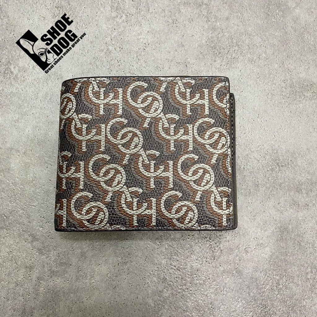 Bóp ví ngắn hàng hiệu nam nữ Coach gập đôi có tặng kèm card holder màu mono xám chữ Coach