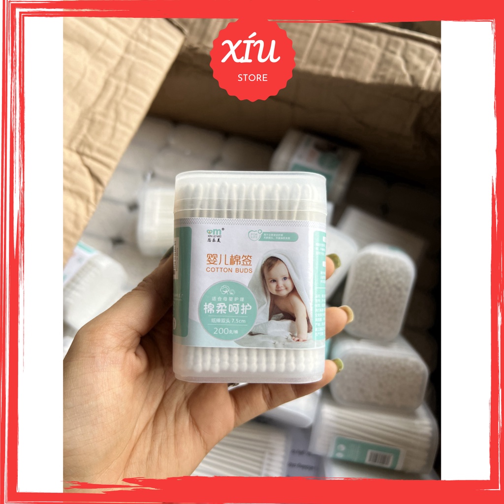 Tăm bông cho bé sơ sinh, bông tự nhiên, hộp 200 que vệ sinh tai mũi cho bé