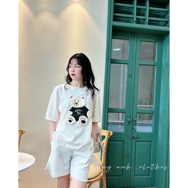 Set Bộ Gấu Thêu Xù GG Chất Xốp Quần Short B130