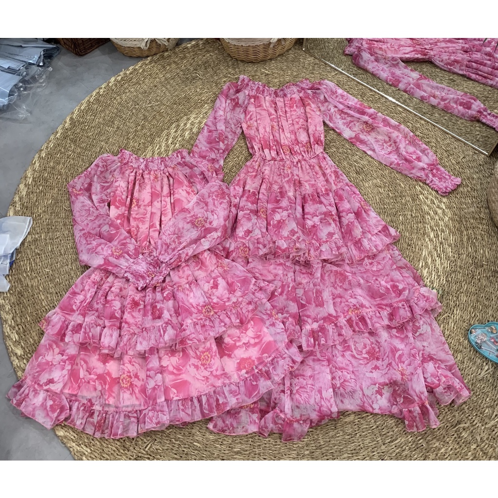 THANH LÝ  - Váy bẹt vai hoa hồng ngắn/dài kèm đai