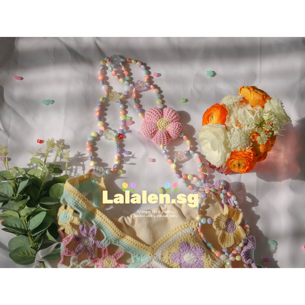 Túi Len Hoa Pastel Dây Cườm Handmade - Nhận mix theo yêu cầu/Đơn cần gấp