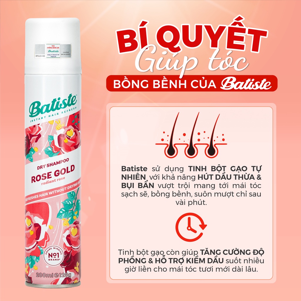 Dầu Gội Khô Batiste Hương Hoa Hồng - Batiste Dry Shampoo Rose Gold Radiant Rose 200ml