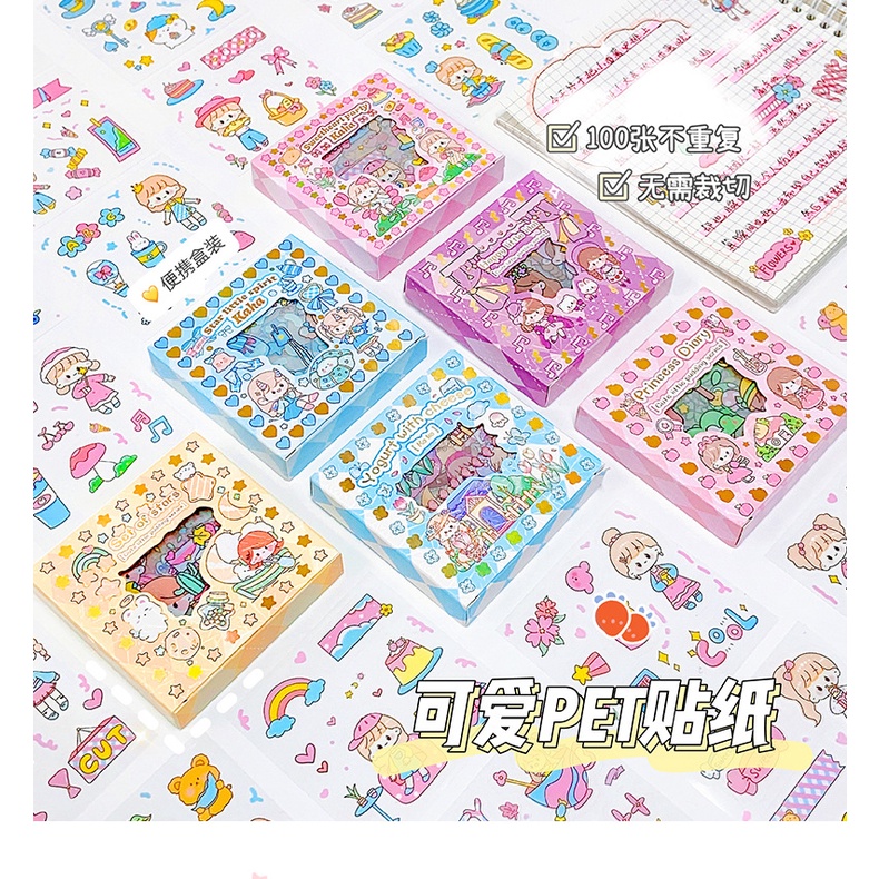 Sticker 100 tấm Hộp quà tặng 100 tấm dán hoạt hình trang trí sổ lưu niệm dễ thương, laptop, ốp điện thoại...