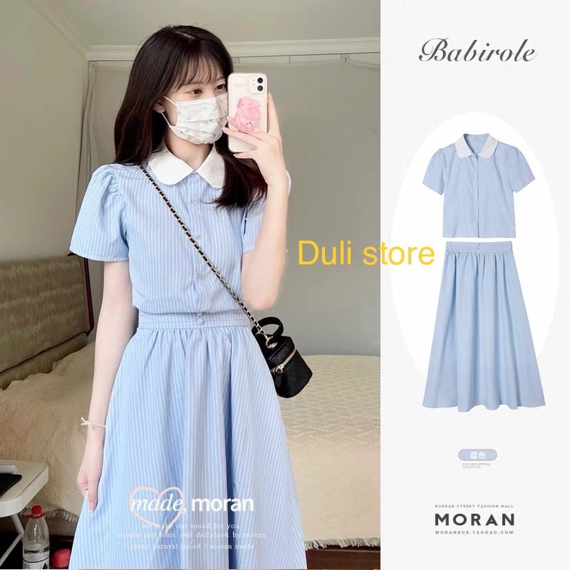 (ORDER)-Set áo sơmi chân váy kẻ thanh lịch Moran mới 2023