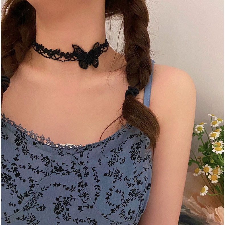 Vòng cổ dây chuyền choker nữ vải ren hoa cánh bướm phong cách hàn quốc cá tính