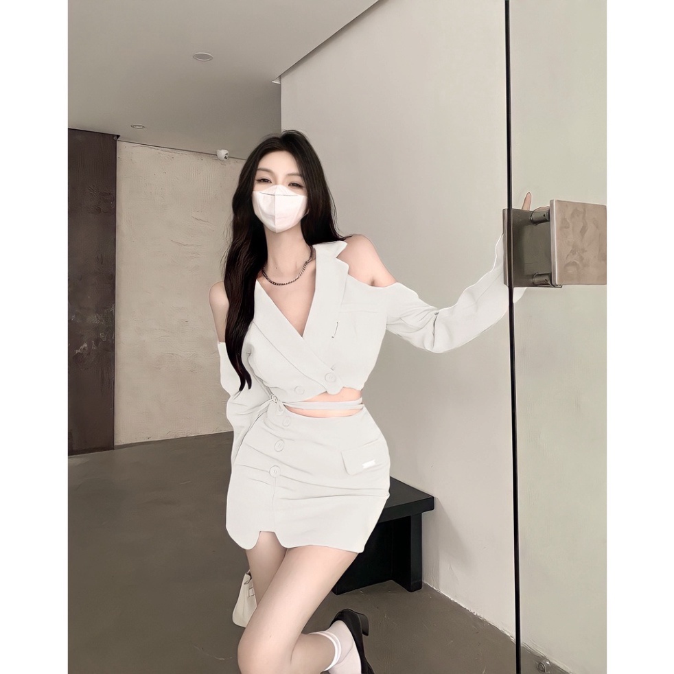 (Fom: <55kg) Set Crop Vest Cột Eo Hở Vai Chân Váy JL41 | BigBuy360 - bigbuy360.vn