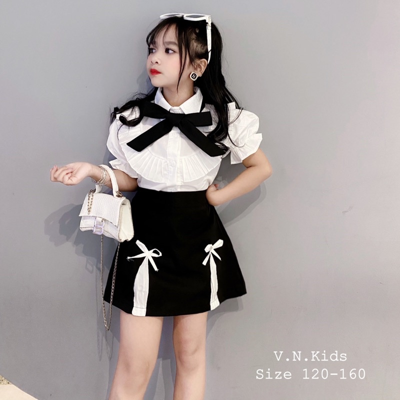 Set sơmi bèo + quần váy dáng A cho bé đi học size đại 17kg-40kg