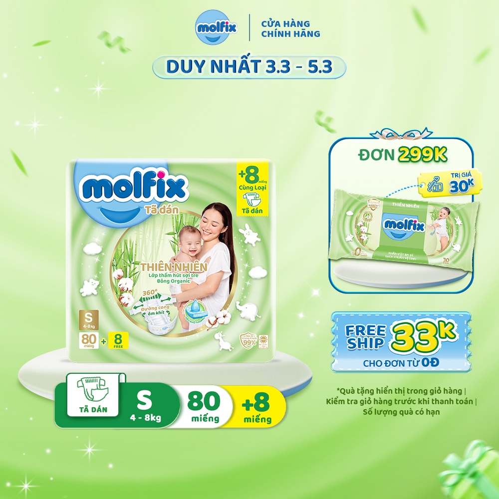 Tã/bỉm dán Molfix Thiên nhiên Super Jumbo S (4kg - 8kg) - Gói 80+8 miếng