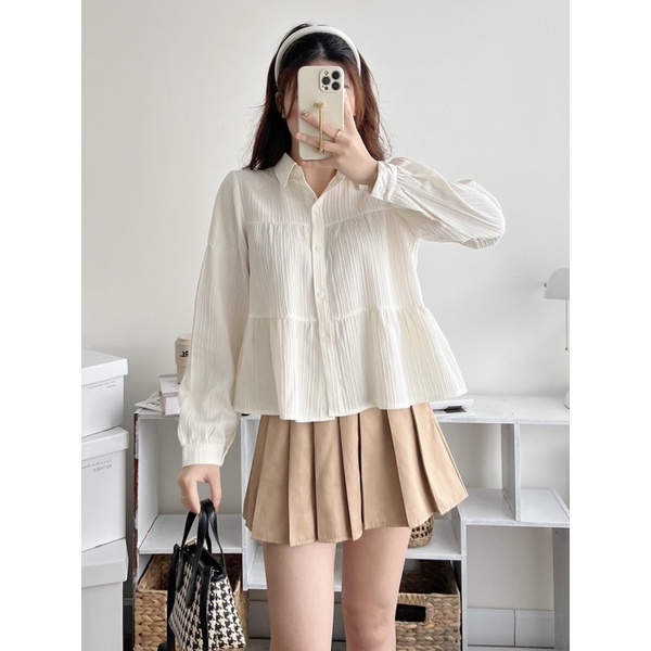 Áo sơ mi babydoll 3 tầng cổ đức basic nhiều màu , Áo sơ mi nữ dài tay thời trang Dumi Clothing