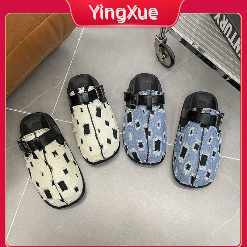 2023 Dép Lười Đế Phẳng Bít Mũi Chất Liệu Denim Phong Cách Retro Thời Trang Mới Cho
