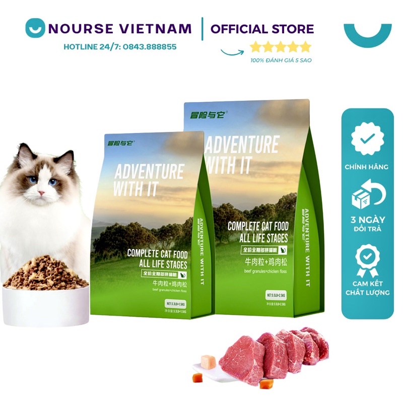 Hạt cho mèo Advanture Thức ăn cho mèo con với thịt bò sấy khô và ruốc gà NourseVietnam AD04