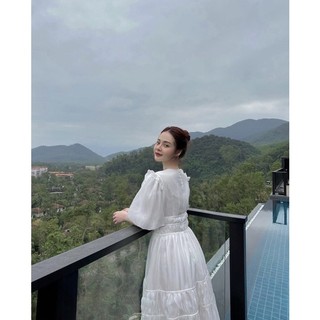 ĐẦM MIDI TRẮNG CỔ V TAY PHỒNG