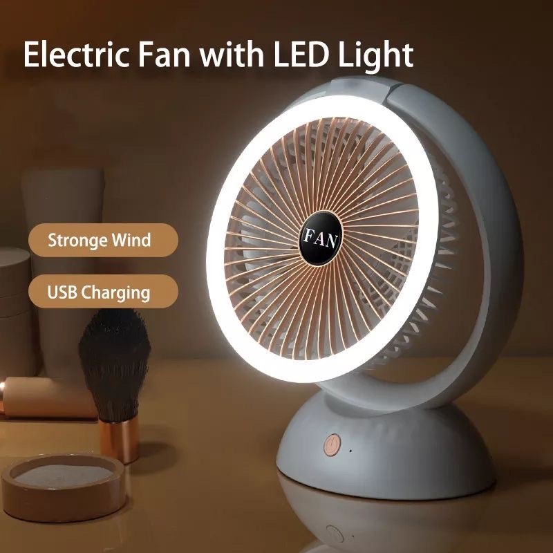 Quạt mini để bàn, tích điện có đèn led - Quạt xoay 180 độ không tiếng ồn, pin 8h, sạc USB