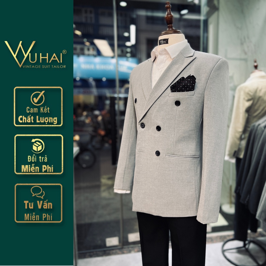Vest Nam đẹp 6 cúc màu ghi sáng, Áo Blazer nam phong cách Hàn Quốc