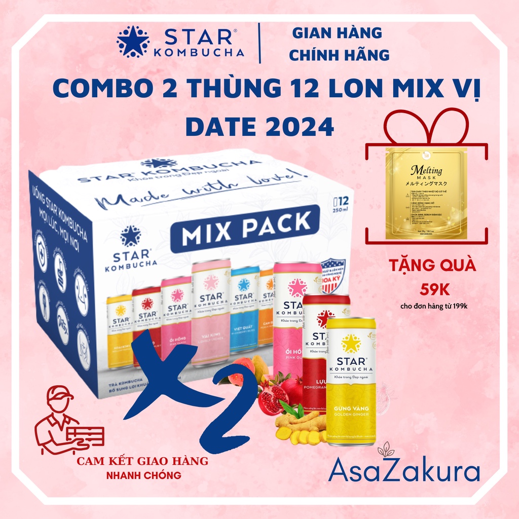 Combo 2 thùng trà lên men Star Kombucha mix vị (24 lon x 250ml)