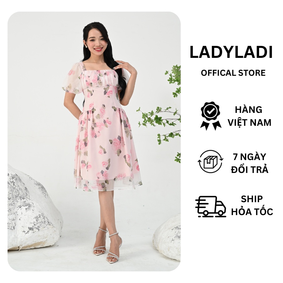 Váy hoa tay bồng Ladyladi nhún ngực, màu hồng, chất tơ mềm mại, thoáng mát 2 lớp DA207