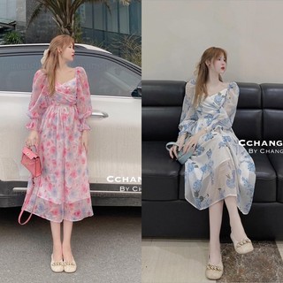 Váy sẻ tà đỏ váy hoa nhí cổ vuông xanh dây nơ dáng dài