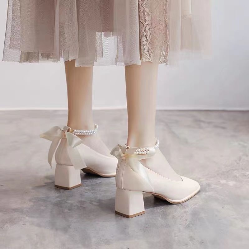 Giày cao gót thời trang phù dâu bít mũi ruy băng dép cao gót