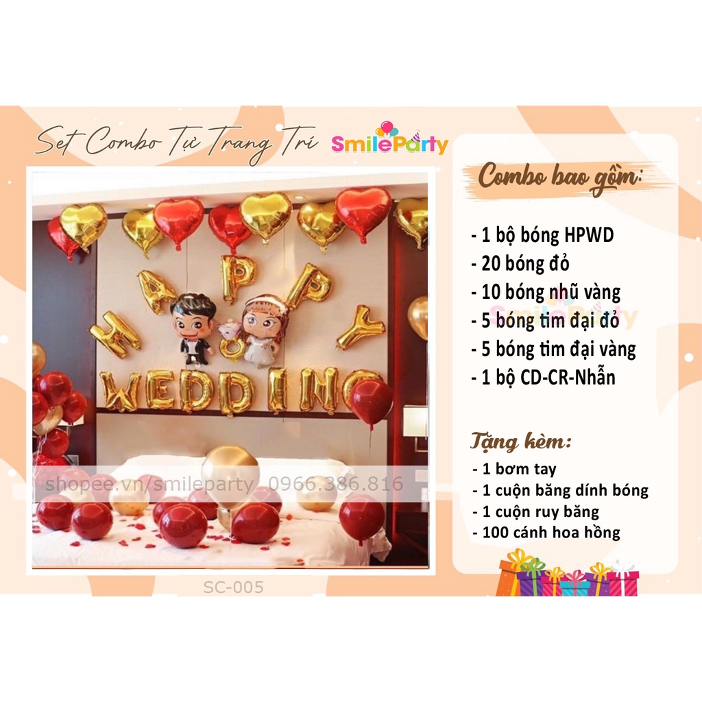 Set Bóng Trang Trí Phòng Cưới HOT 2023, Bóng Bay Trang Trí Phòng Cưới , Bóng Chữ happy Wedding