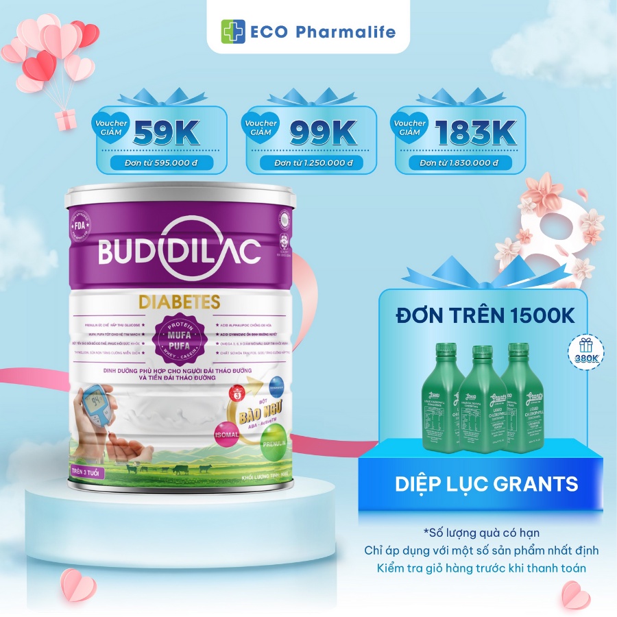 Sữa bột Buddilac Diabetes dành cho người tiểu đường, hỗ trợ ổn định đường huyết, giảm tình trạng đau nhức cơ thể