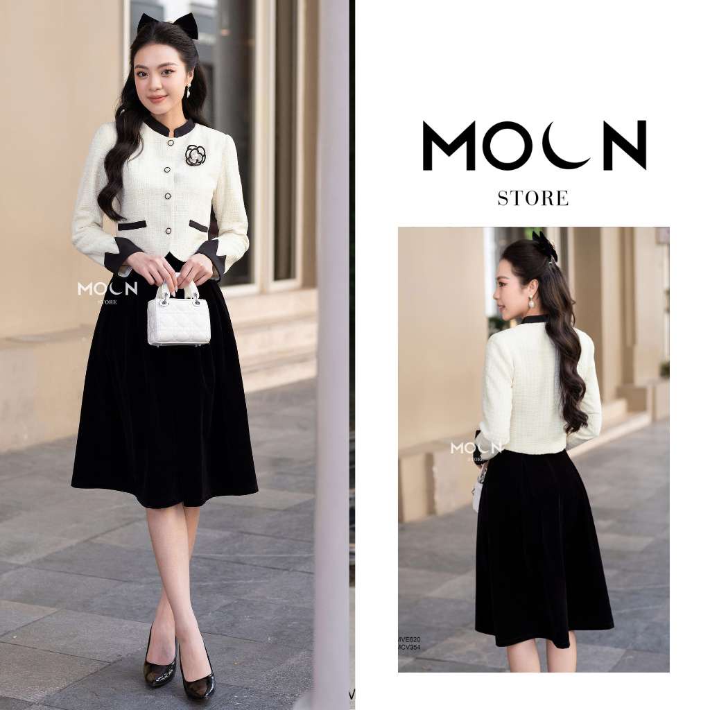 Set áo chân váy công sở, áo vest ký giả peplum croptop mix chân váy nhung xòe dài MVE620 Moon