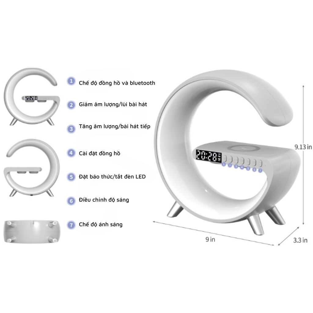 Loa Bluetooth 5.0 chữ G Thông Minh 4 chức năng Sạc Không Dây Báo Thức Đèn ngủ 265 chế độ sáng, thiết kế hiện đại