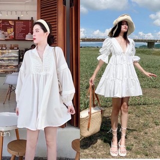 Đầm bbd trắng cổ viền ren nút ngọc tay phồng