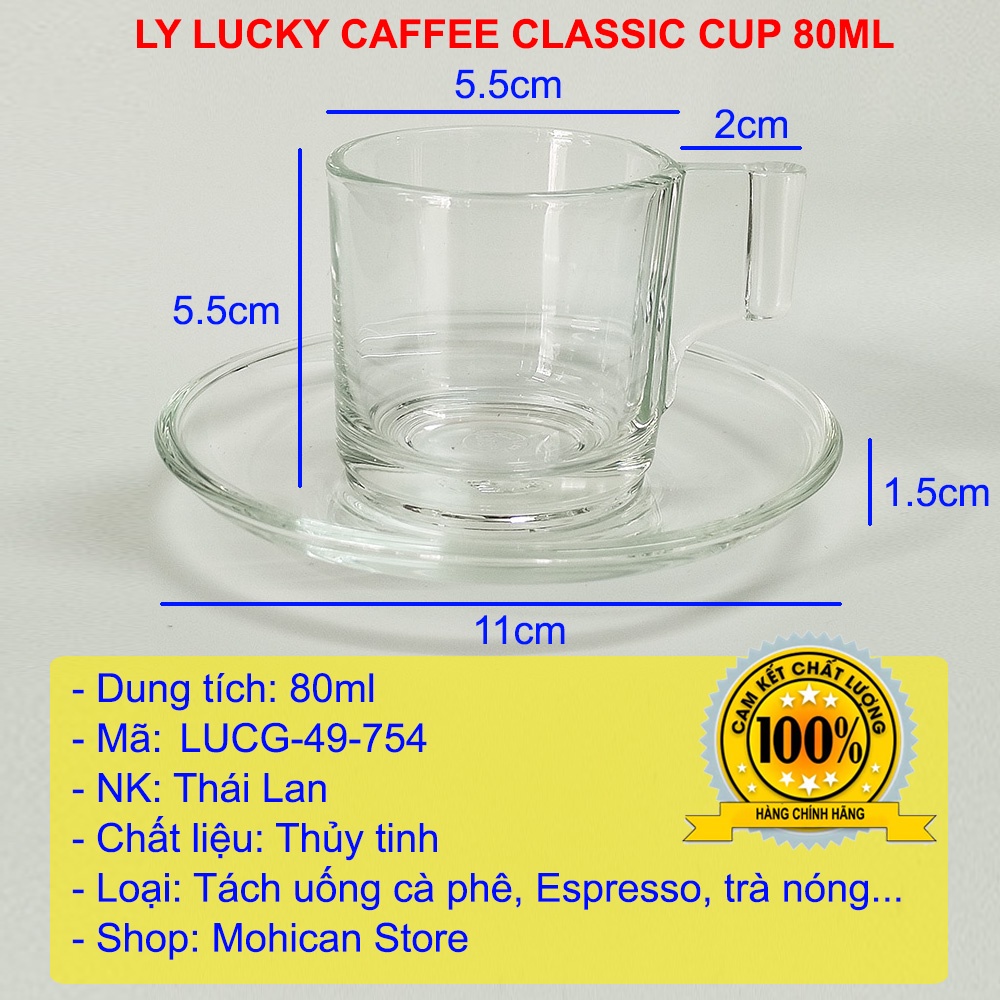 Cốc thủy tinh có quai Lucky Classic Cup 80ml, ly thủy tinh pha Espresso, trà, cà phê nhỏ Thái Lan LUCG-304903