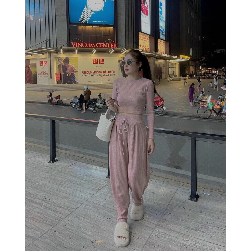 Đồ bộ thun gân cá tính, set áo croptop tay dài,quần ống rộng, set bộ thun thu đông màu trơn đơn giản phong cách thể thao
