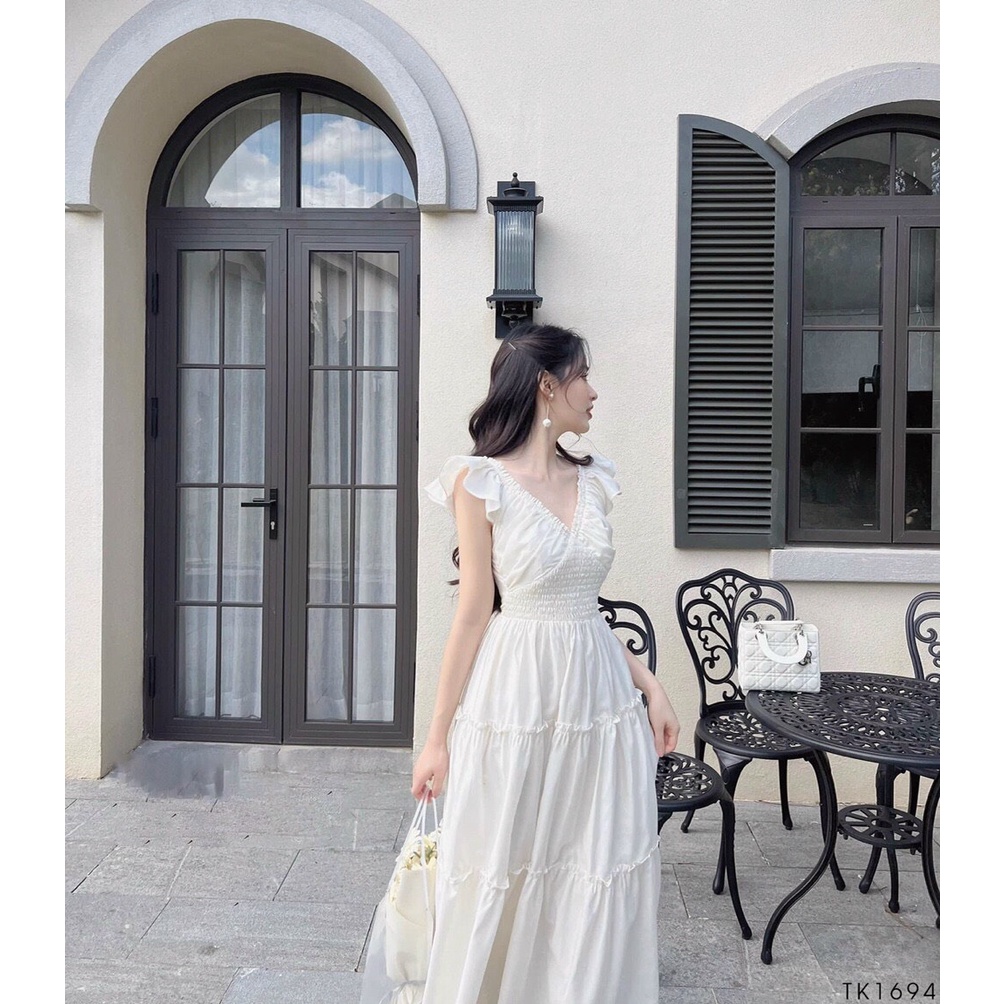 Đầm Váy Maxi Cổ V Nhún Thun Eo Chất Vải Kate Mặc Đi Chơi Du Lịch