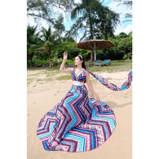 Đầm thổ cẩm tím ren eo H7