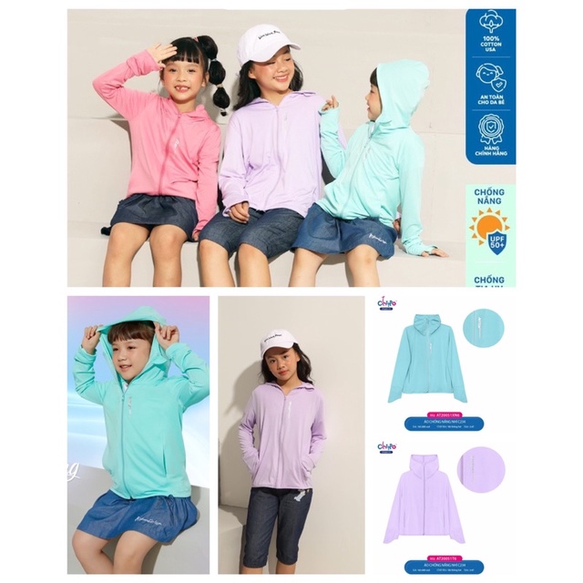 Áo khoác, áo chống nắng có nón Chippo chất thông hơi cho bé trai bé gái