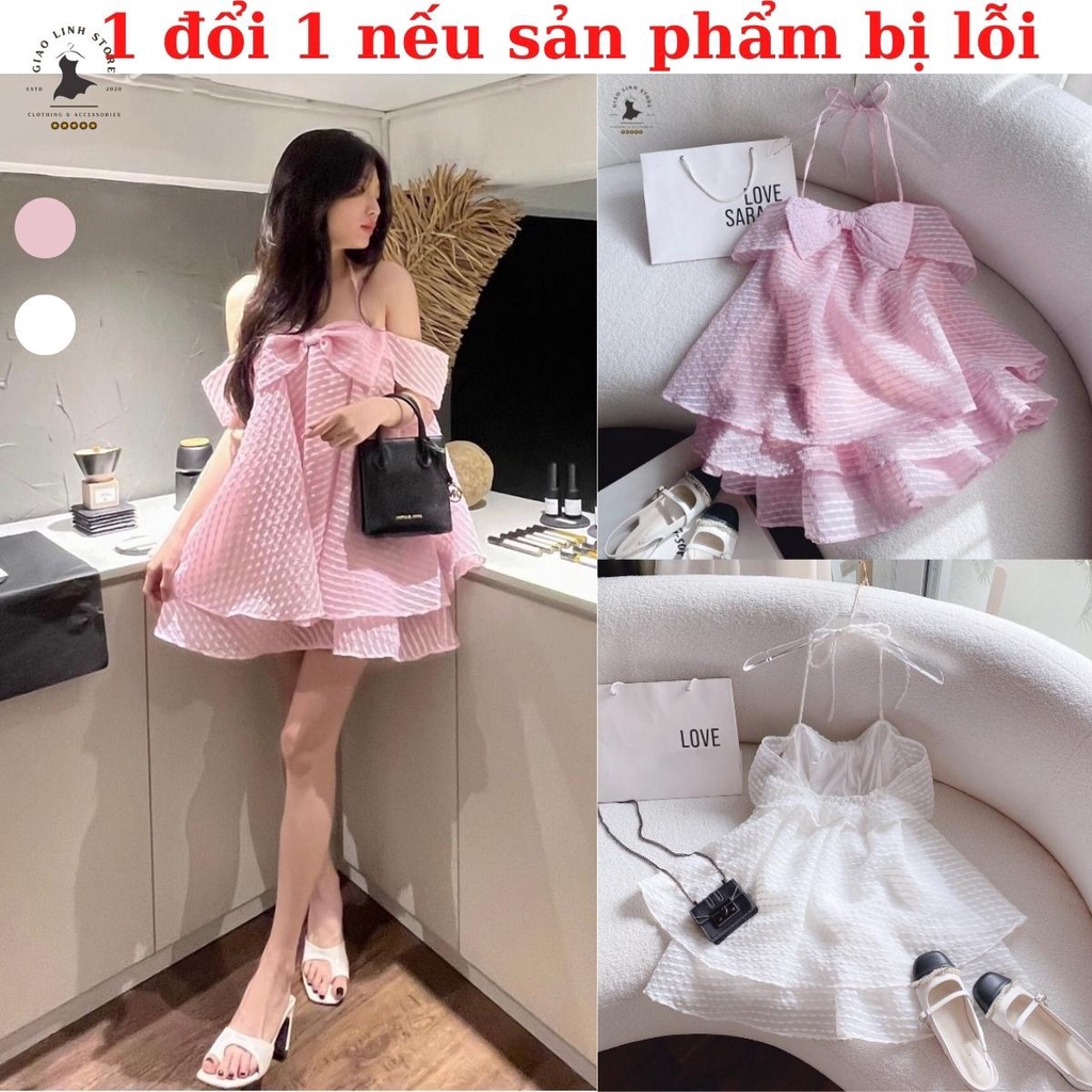 {Ánh thật} Đầm babydoll 2 dây trễ vai xếp tầng dài trên gối phối nơ trước ngực hàng thiết kế may 2 lớp