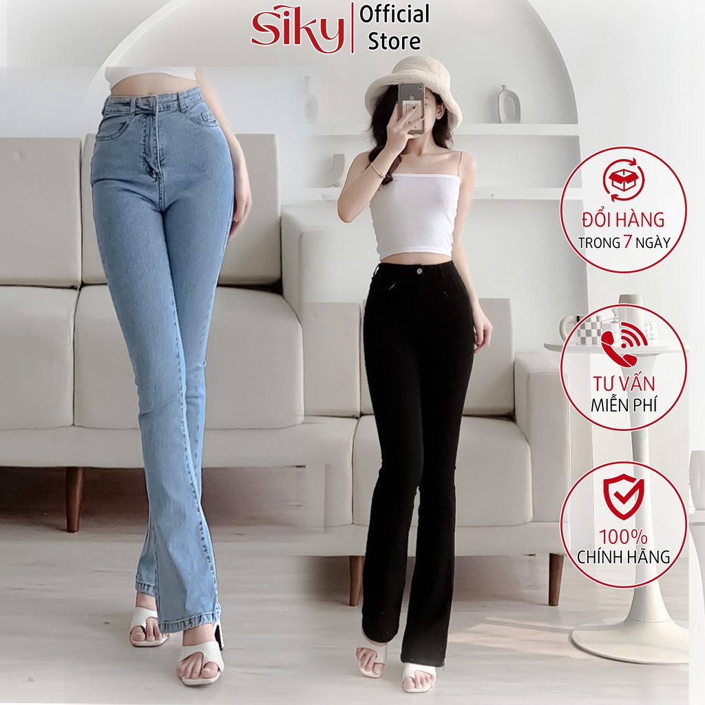 Quần jeans ống loe nữ SIKY lưng cao co giãn may gấu phong cách Hàn Quốc - QJ16