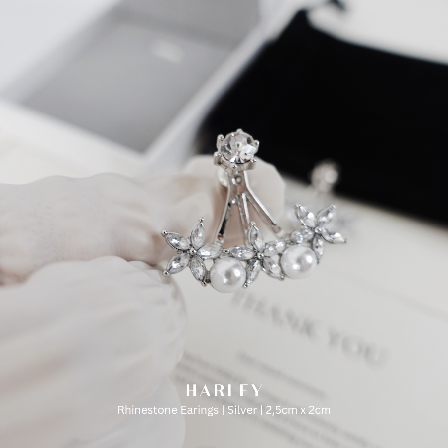 Bông tai đi tiệc ✨đính đá và hạt hình cánh quạt✨ màu bạc phong cách Hàn Quốc sang trọng thanh lịch, Harley Jewelry