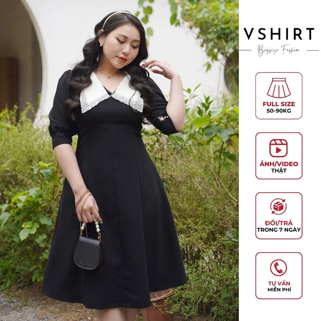 Váy Thiết Kế Nữ VSHIRT Màu Đen Tay Lỡ Cổ Trắng Chất Liệu Chéo Hàn Cao Cấp