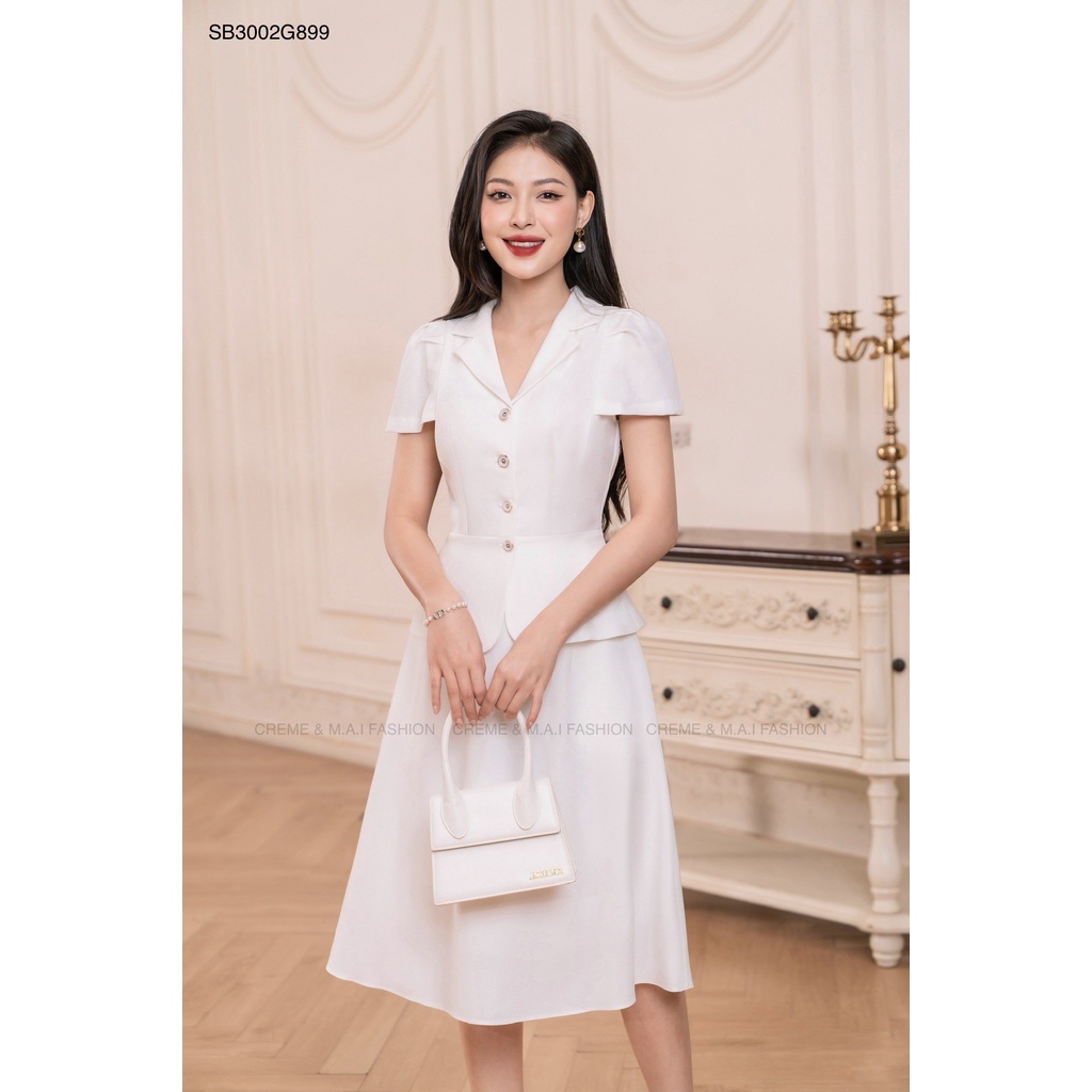 SET BỘ KÍ GIẢ CÔNG SỞ CỔ VEST TAY NGẮN DÁNG XÒE THIẾT KẾ CREME SB3002 | BigBuy360 - bigbuy360.vn