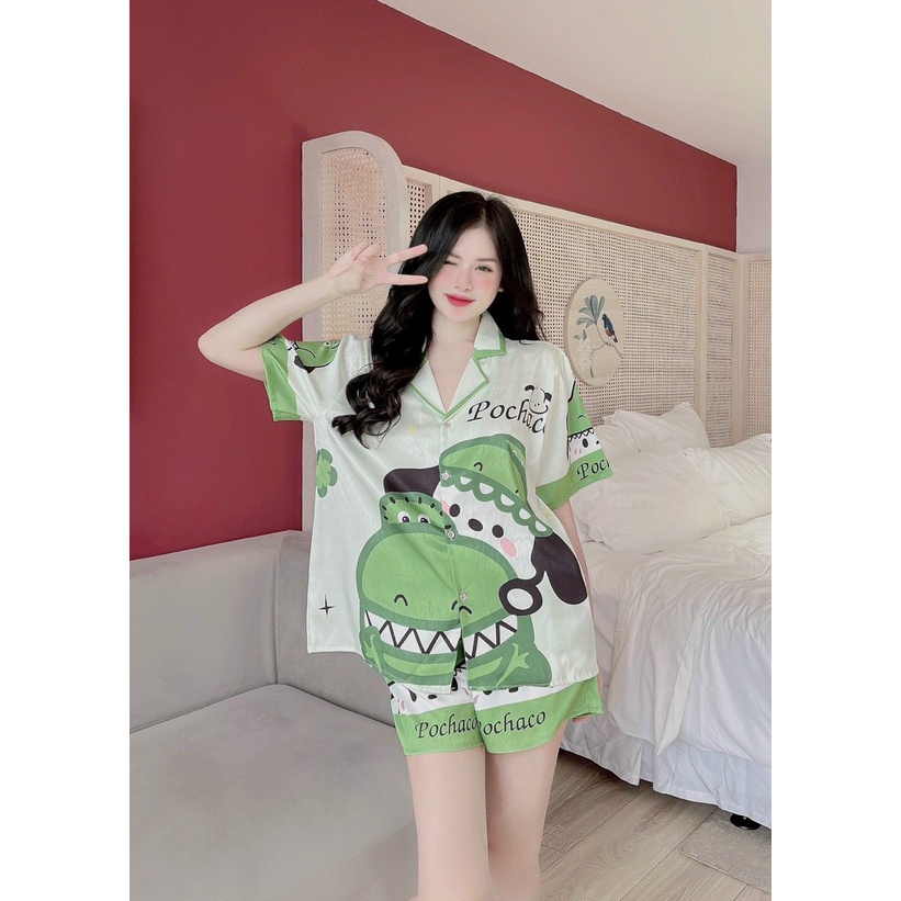 Đồ Ngủ Pijama Lụa Xước Ánh Kim Tay Cộc Siêu Xinh, Đùi Cộc Mềm Mịn, Độc Lạ Khó Tìm, Sanh Chảnh Hàn Quốc