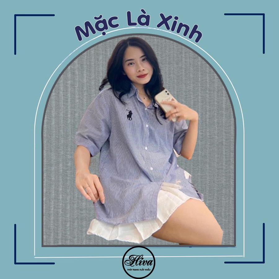 Áo sơ mi nữ vải lụa Hàn cộc tay lỡ thêu hình logo ngựa form rộng ulzzang ảnh thật