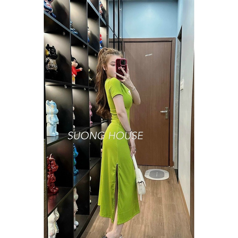 Váy đầm nữ ôm body dáng dài, đầm thun gân basic cổ tròn trơn màu xẻ tà dài qua gối đơn giản đi chơi, dao phố mtb