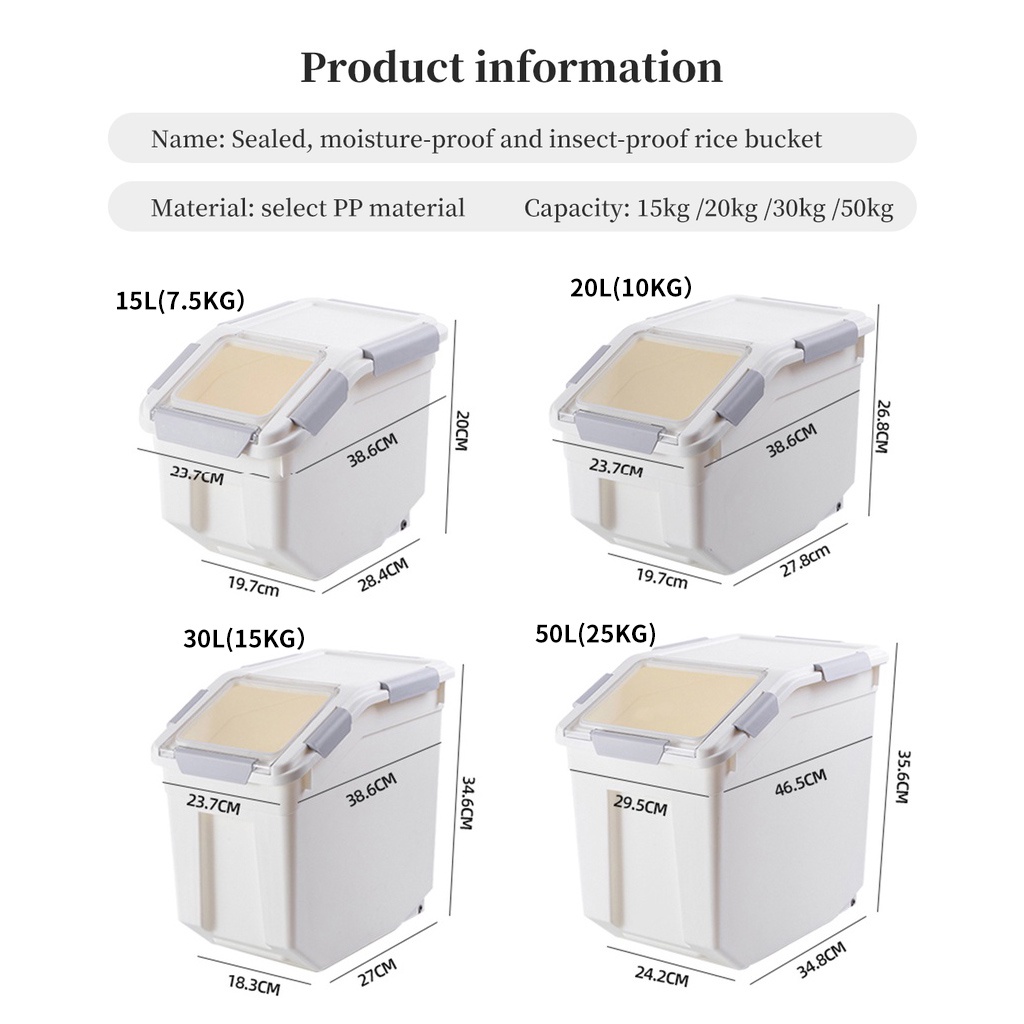 Thùng đựng gạo JUJIAJIA hai lớp đóng kín bằng silicon chống ẩm mốc có bánh lăn 15/20/30/50l