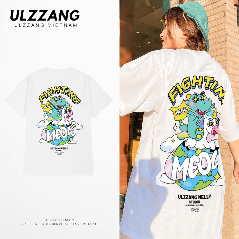 Áo thun unisex local brand ULZZ ulzzang form dáng rộng tay lỡ in hình fighting meow