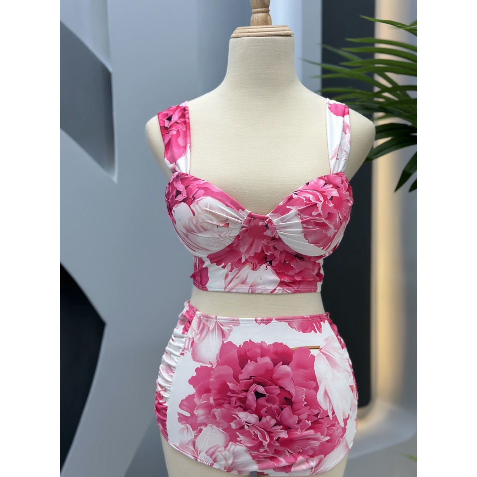 Bikini set 3 món# Đồ bơi đi biển hoa hồng mẫu đơn kèm khăn mẫu mới BM-125