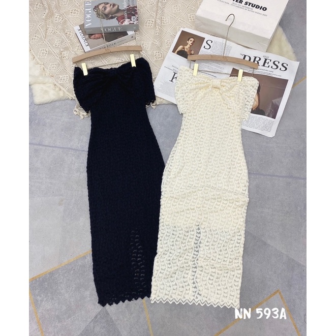 Váy body ren nhung trễ vai nơ ngực dáng dài siêu xinh